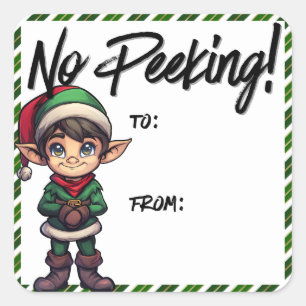 Kein Peeking Elf Weihnachtslabel Grün Quadratischer Aufkleber