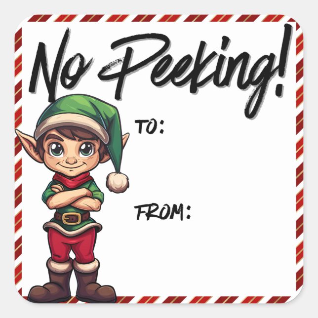 Kein Peeking Elf Weihnachtslabel Rot Quadratischer Aufkleber (Vorderseite)