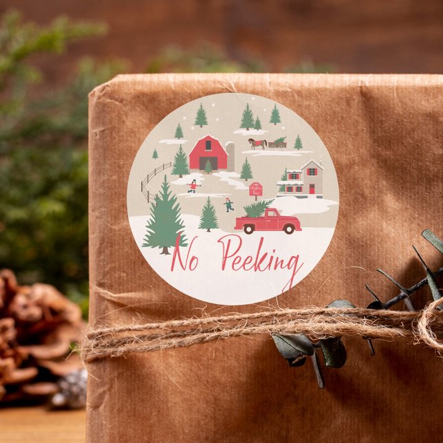 Kein Peeking Weihnachtsbaumfarm Runder Aufkleber (No Peeking Festive Vintage Christmas Tree Farm Classic Round Sticker)