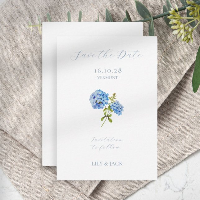 Keine Foto Blue Script Hydrangea Save the Date Kar (Von Creator hochgeladen)