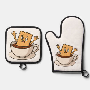 Kekse in Schwierigkeiten im Inneren eines Kaffeecu Ofenhandschuh & Topflappen-Set