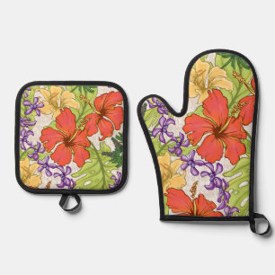 Keleah Tropical Hawaiian Hibiskus und Orchideen Ofenhandschuh & Topflappen-Set