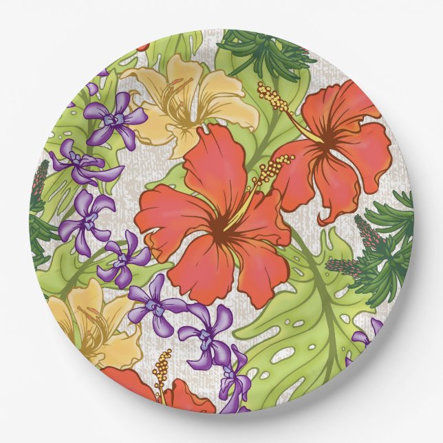 Keleah Tropical Hawaiian Hibiskus und Orchideen Pappteller (Vorderseite)