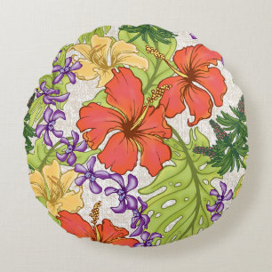 Keleah Tropical Hawaiian Hibiskus und Orchideen Rundes Kissen