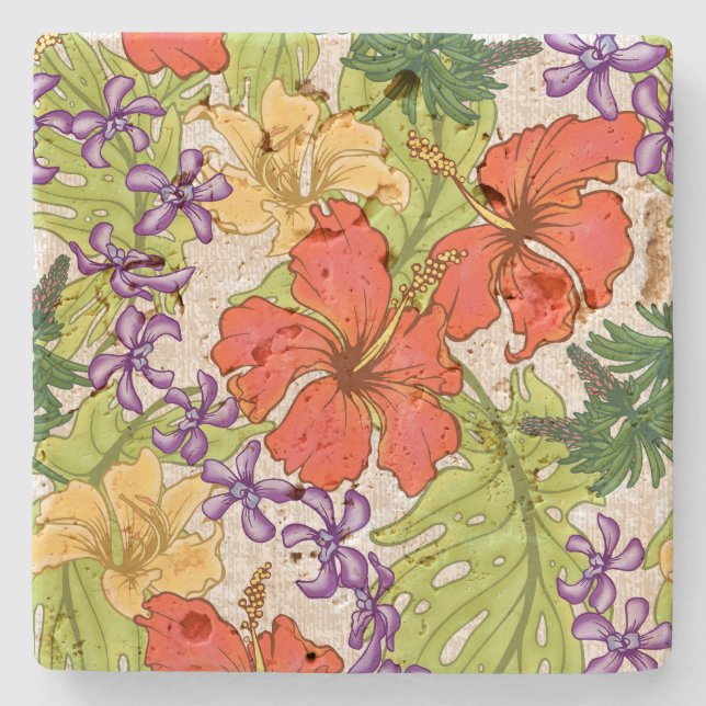 Keleah Tropical Hawaiian Hibiskus und Orchideen Steinuntersetzer (Vorderseite)