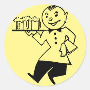 Kellner Cartoon Retro Bier Mann Alkohol Kunst Runder Aufkleber