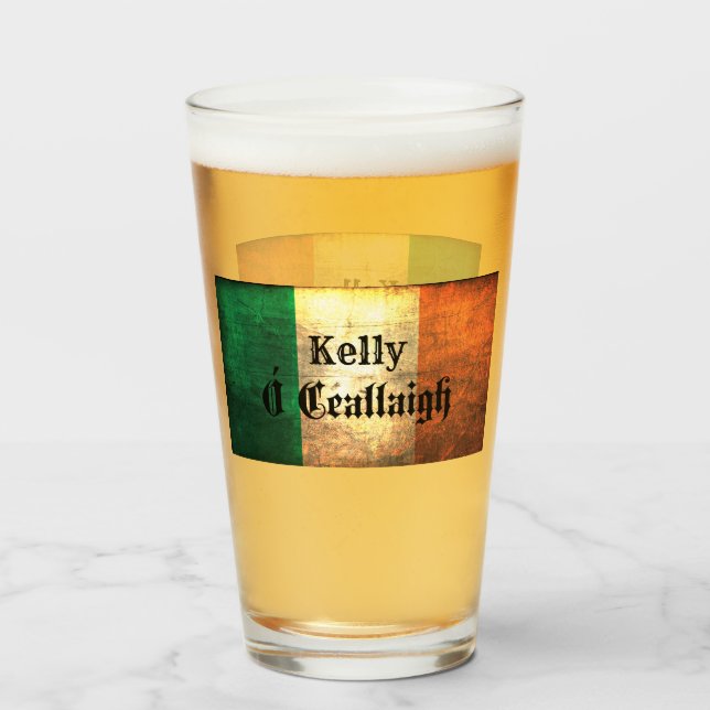 Kelly Familienname auf irischer Flagge Glas (Vorne (Gefüllt))