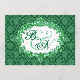 Kelly Green Damask Monogramm Hochzeitsvorlage Einladung