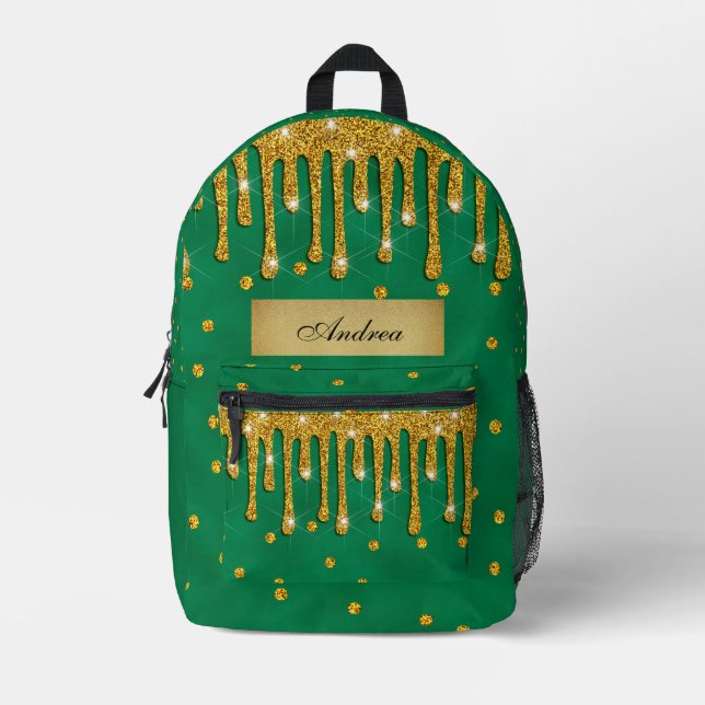 Kelly Green mit Gold-Glitzer-Tropfen Personalisier Bedruckter Rucksack (Vorderseite)