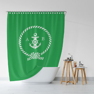 Kelly Green Nautical Rope and Anchor Monogram Duschvorhang