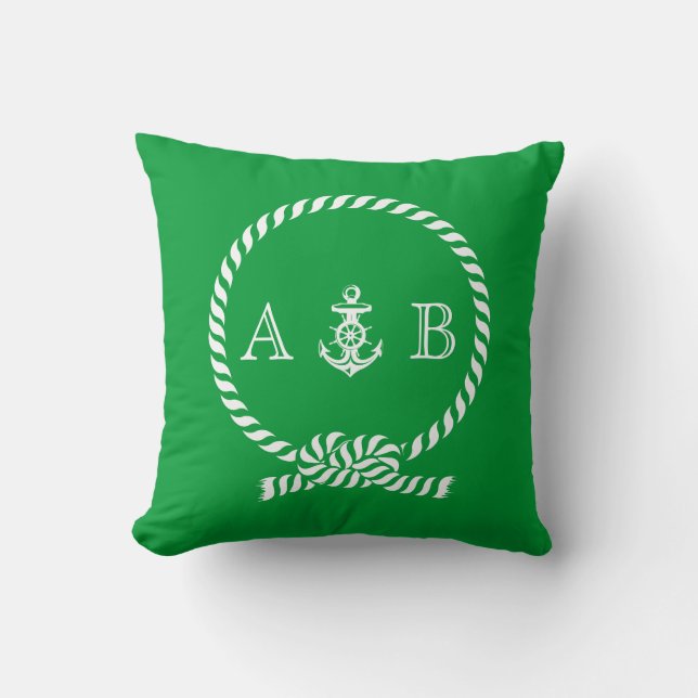 Kelly Green Nautical Rope and Anchor Monogram Kissen (Vorderseite)