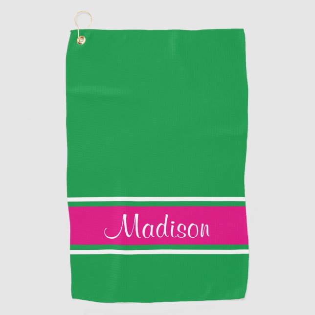 Kelly Green Pink Strip Skriptname Golfhandtuch (Vorderseite)