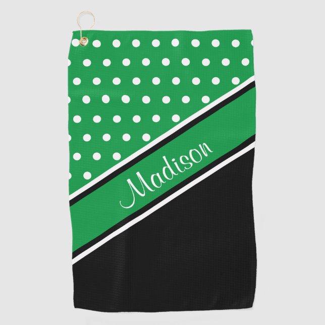 Kelly Green Polka Dot Black Diagonal Script Name Golfhandtuch (Vorderseite)