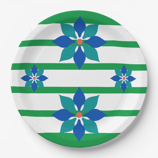Kelly Green Streifen und blaue Blumen Pappteller (Vorderseite)