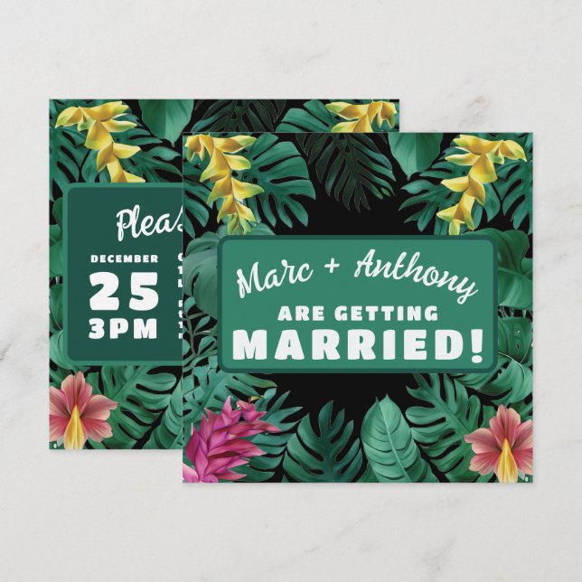 Kelly Green Tropical Jungle Hochzeit in Urlaubsort Save The Date (Vorne/Hinten)