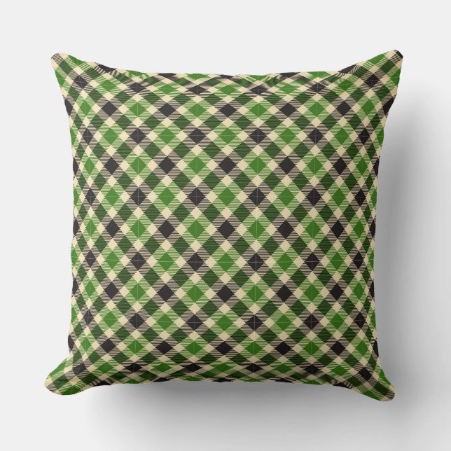 Kelly Green und Black Tartan Kariertes 2-Quadratki Kissen (Vorderseite)