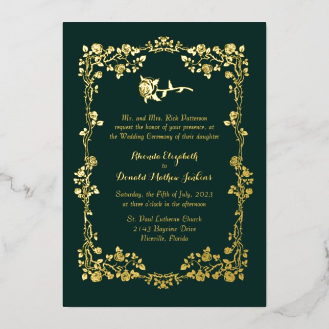 Kelly Green Verziert Rose Border Foil Einladung (Vorderseite)