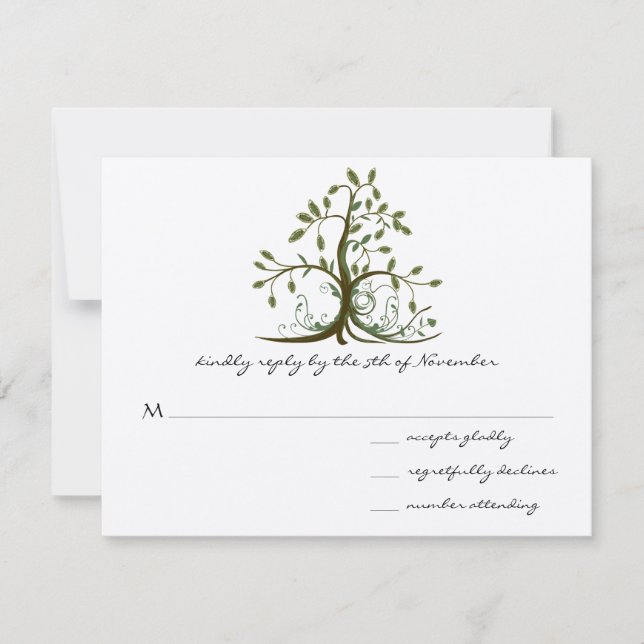 Kelly Green Whimsical Swirl Tree Wedding RSVP Karte (Vorderseite)