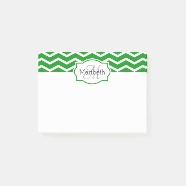 Kelly Green Zickzack Name Mit Monogramm Post-it Klebezettel (Vorderseite)