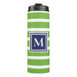 Kelly Grün Streifen Navy Modern Monogramm Küstenst Thermosbecher