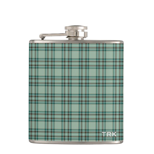 Kelly Tartan Monogram Minze Green Kariert Flachmann (Vorderseite)