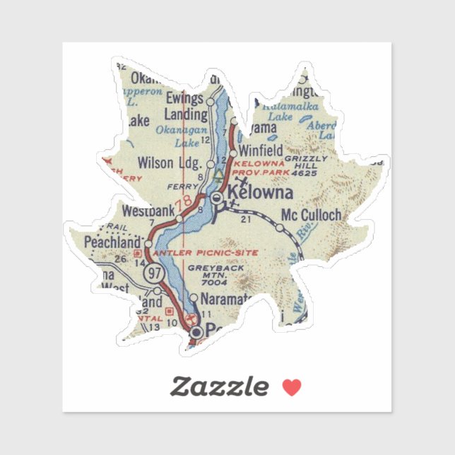 Kelowna Vintag Map Aufkleber (Blatt)