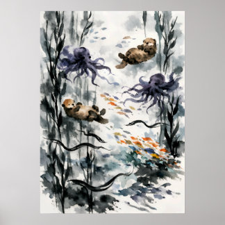 Kelp-Wald-Sumi-e-Wasserfarbenkunst Poster