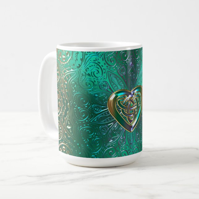 Keltische Herz-Mandala im Grün und in der Kaffeetasse (Vorderseite Links)