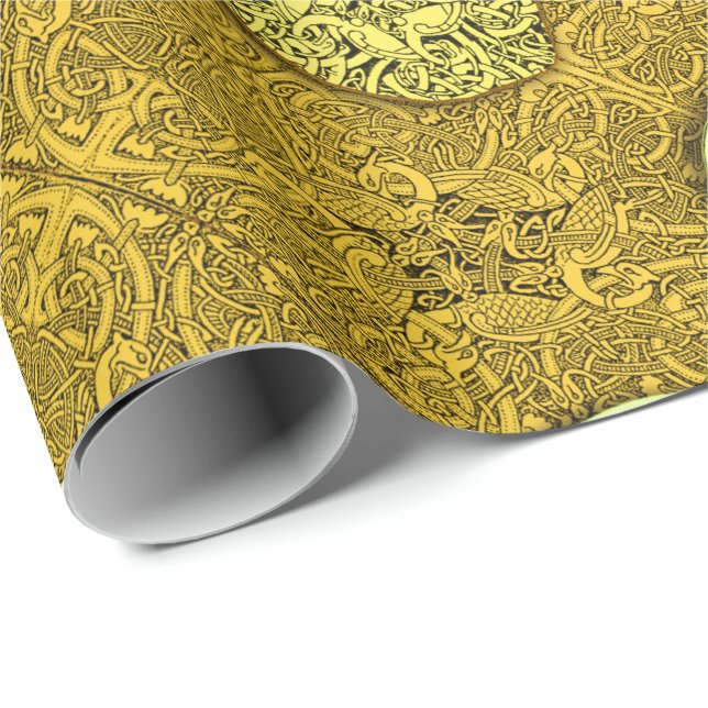 Keltische Hunde, Pferde und Vögel im Gold Geschenkpapier (Rolleneckpunkt)