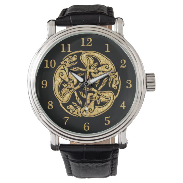 keltische Hunde vergolden traditionelle Zierkunst Armbanduhr (Vorderseite)