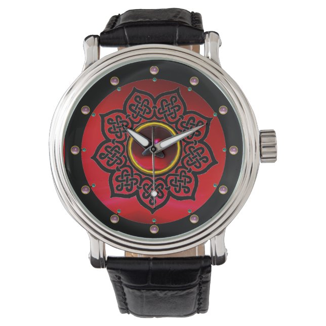KELTISCHE KNOTEN BLUME , ROTE BURGUNDY RUBY GEM ST ARMBANDUHR (Vorderseite)