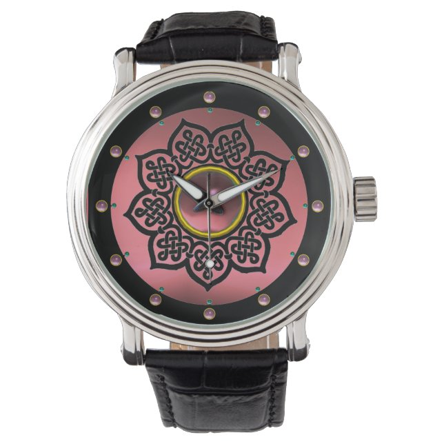 KELTISCHE KNOTEN BLUME UND PINK AMETHYST GEM STEIN ARMBANDUHR (Vorderseite)