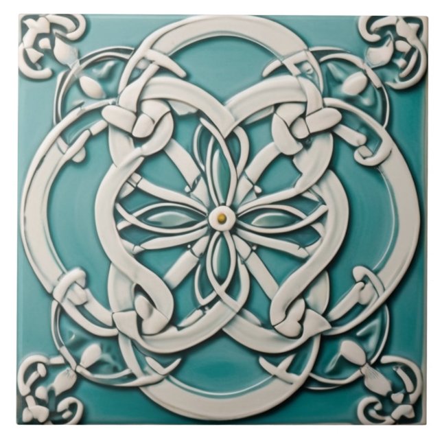 Keltische Knoten Inspiriert Türkis und Weiße Blume Fliese (Vorderseite)