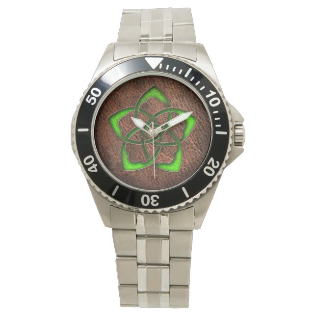 keltische Knotengrün-Blume über Lederkunst Armbanduhr (Vorderseite)