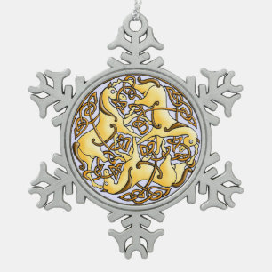 Keltische Pferde und Knoten im Kreisantikenmuster Schneeflocken Zinn-Ornament