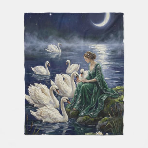 Keltische Schwäne Mondsee-Nacht-Fantasie-Kunst Fleecedecke