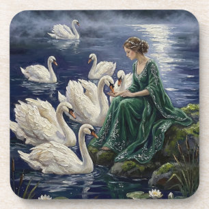 Keltische Schwäne Mondsee-Nacht-Fantasie-Kunst Getränkeuntersetzer