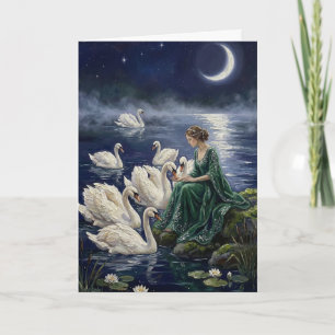 Keltische Schwäne Mondsee-Nacht-Fantasie-Kunst Karte