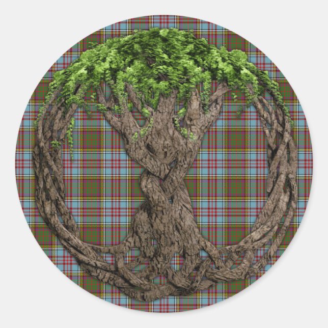 Keltischer Baum und Clan Anderson Tartan Runder Aufkleber (Vorderseite)