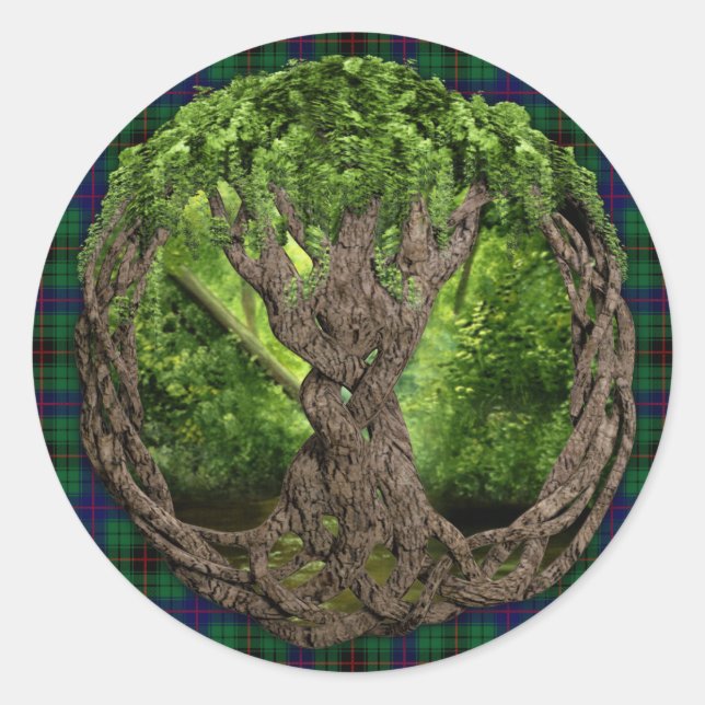 Keltischer Baum und Clan Davidson Tartan Runder Aufkleber (Vorderseite)