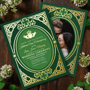 Keltischer Knoten Claddagh Shamrock Hochzeit Grün Folieneinladung