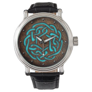 Keltischer Knoten emaillierte Blau auf lederner Armbanduhr