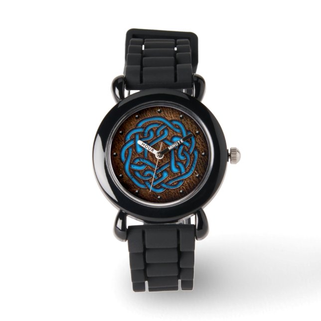 keltischer Knoten leuchtend blau auf Leder digital Armbanduhr (Vorderseite)