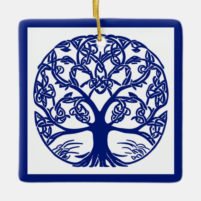 Keltischer Knotenbaum des Lebens Blau auf Weiß Keramikornament (Vorderseite)