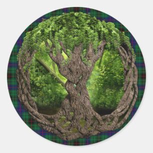 Keltischer Lebensbaum und Clan Davidson Tartan Runder Aufkleber
