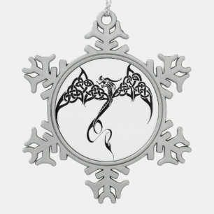 Keltischer Stammesdrache Knotenwerk Schwarz Weiß F Schneeflocken Zinn-Ornament