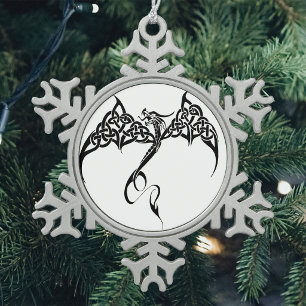 Keltischer Stammesdrache Knotenwerk Schwarz Weiß F Schneeflocken Zinn-Ornament