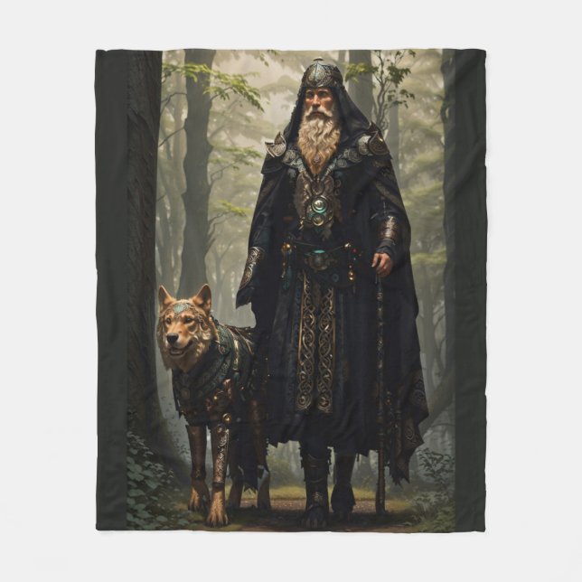 Keltischer Zauberer und Wolf Fleecedecke (Vorderseite)