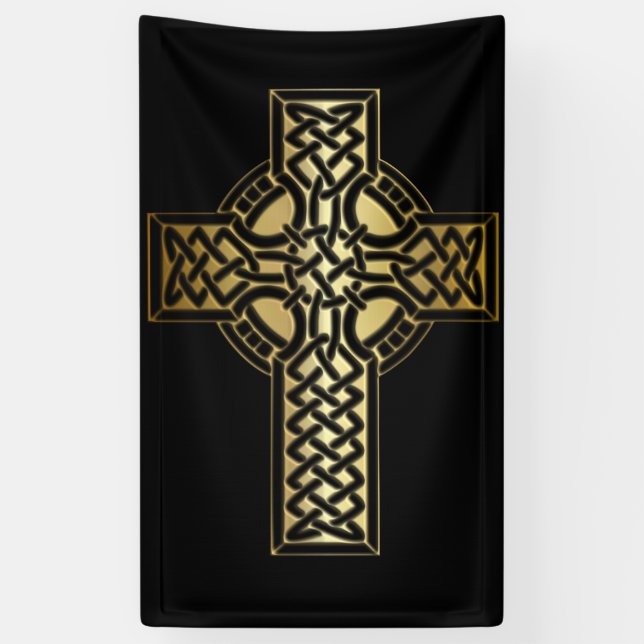 Keltisches Knoten-Kreuz im Gold und im Schwarzen Banner (Vertikal)