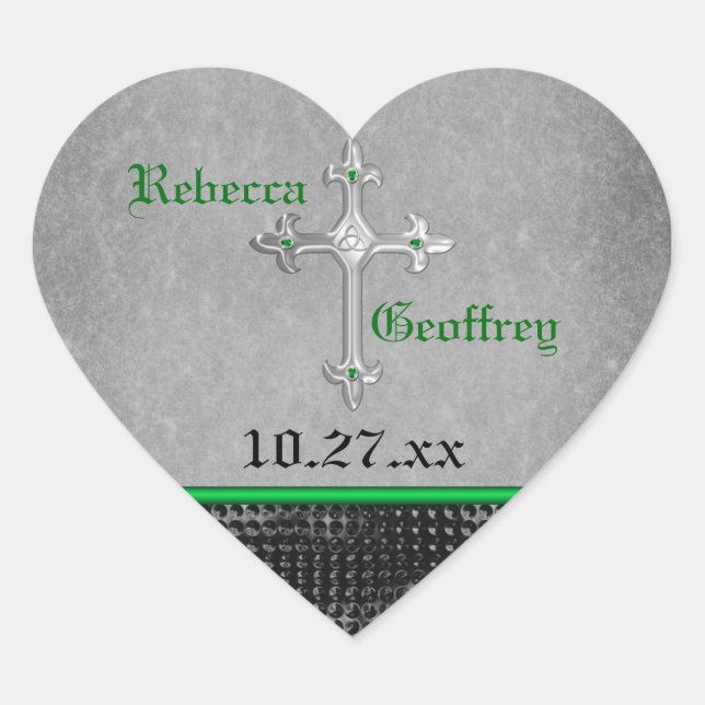 Keltisches Kreuz, grün, schwarz, graue Hochzeitsti Herz-Aufkleber (Vorderseite)